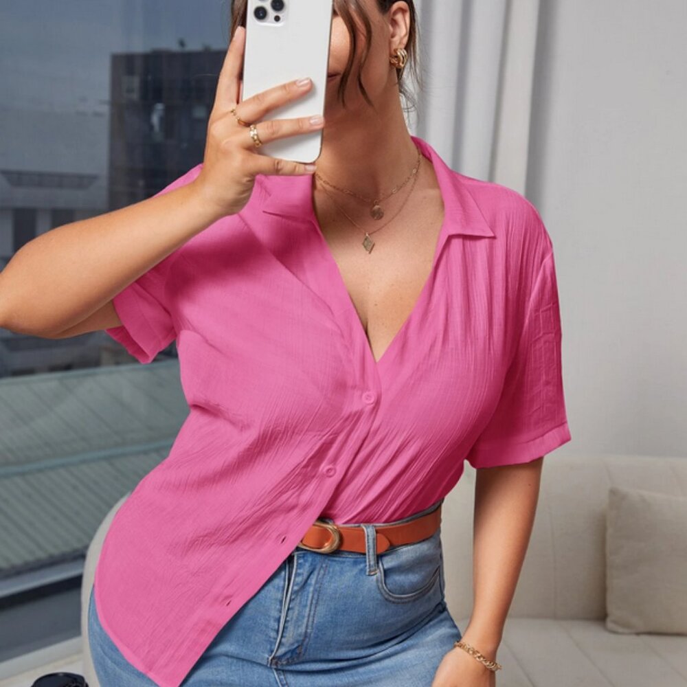 Pink Plus Solid Button Front Shirt - image 3